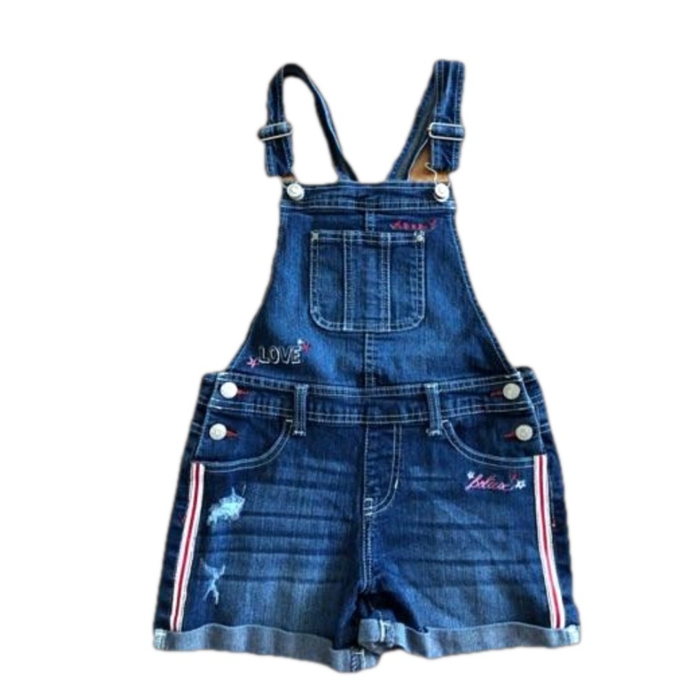 NWOT Jordache Girls Denim Overall Distressed Embroidered Bling Overalls Size L